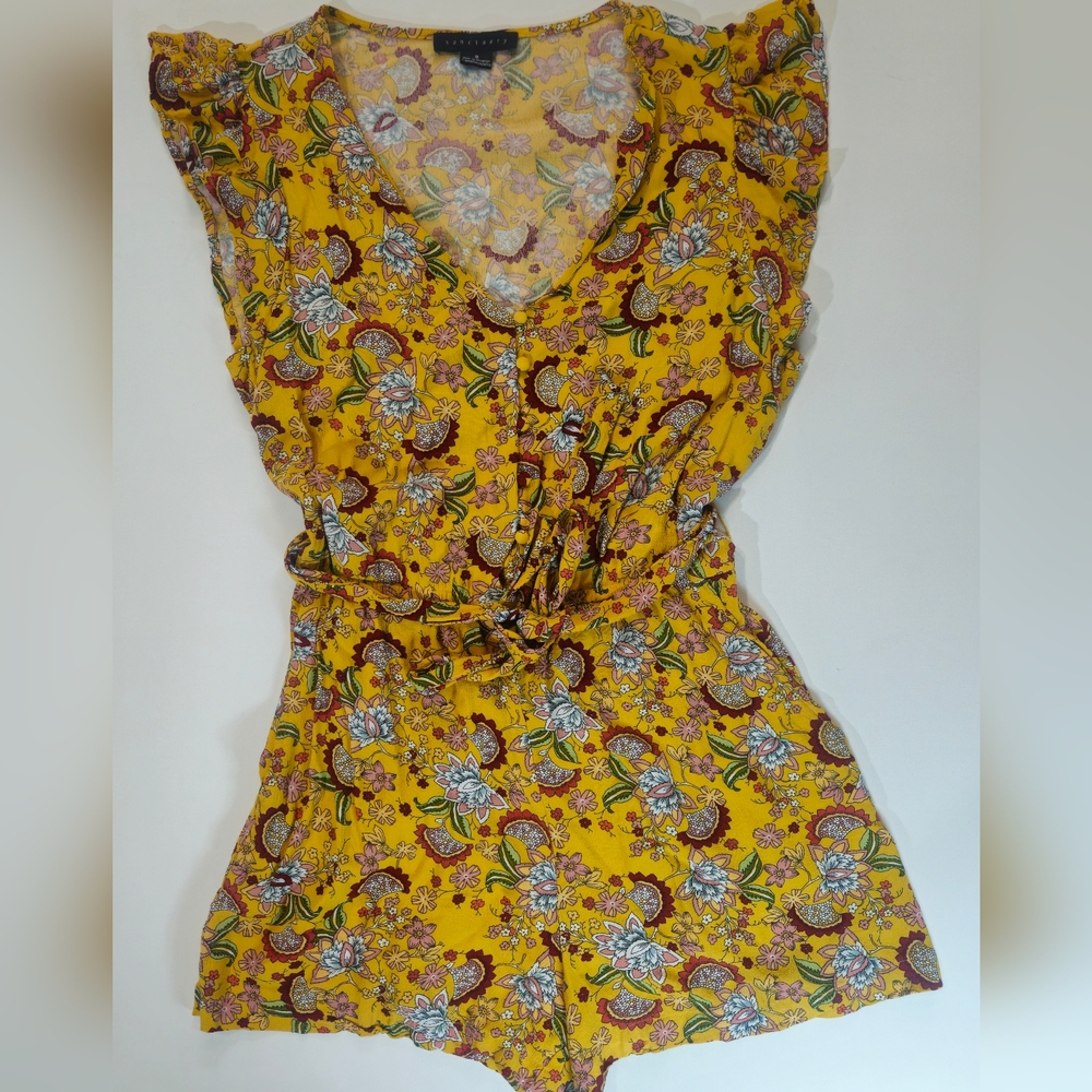 Sanctuary Romper Womens Size Small Yellow White Red Floral Ruffle Sleeve Boho